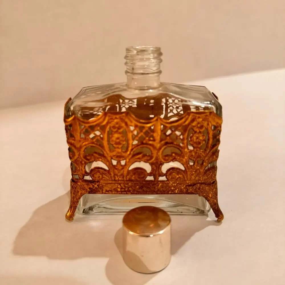 Vintage Perfume Bottle Ornate Footed Gold Filigree Cologne Vanity‎ No Perfume